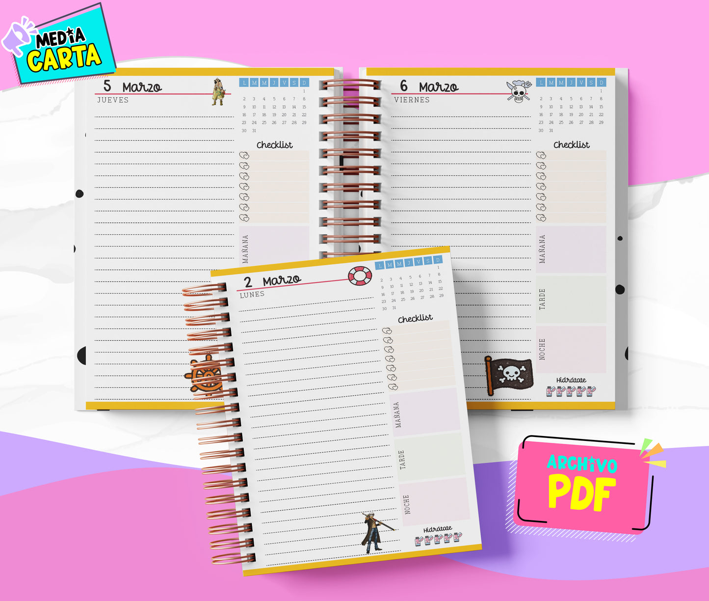 Agenda Diaria 2026 de One Piece (PDF no editable) – Día por Página – Media Carta 14×21.5 cm – Español