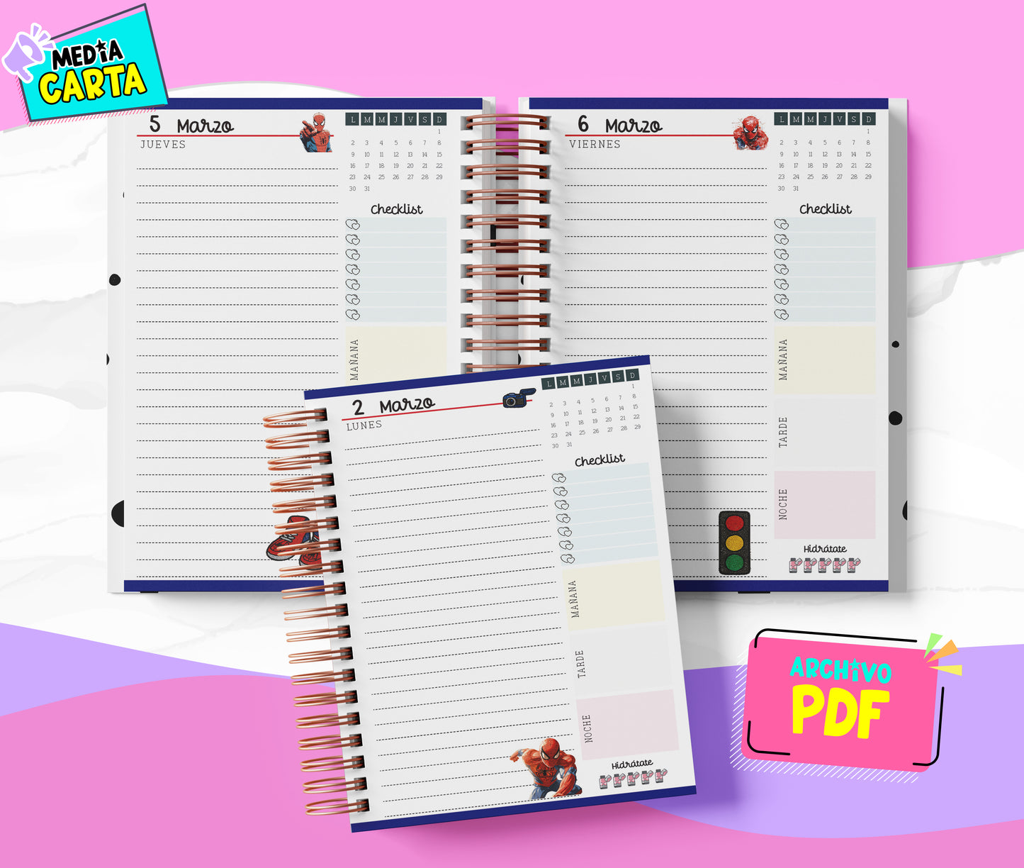 Agenda Diaria 2026 de Spiderman (PDF no editable) – Día por Página – Media Carta 14×21.5 cm – Español