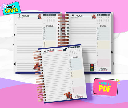 Agenda Diaria 2026 de Spiderman (PDF no editable) – Día por Página – Media Carta 14×21.5 cm – Español