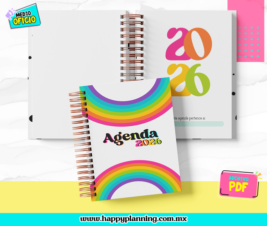 Agenda Diaria Minimalista 2026 Rainbow — PDF Imprimible (3 formatos) + 5 Portadas JPG