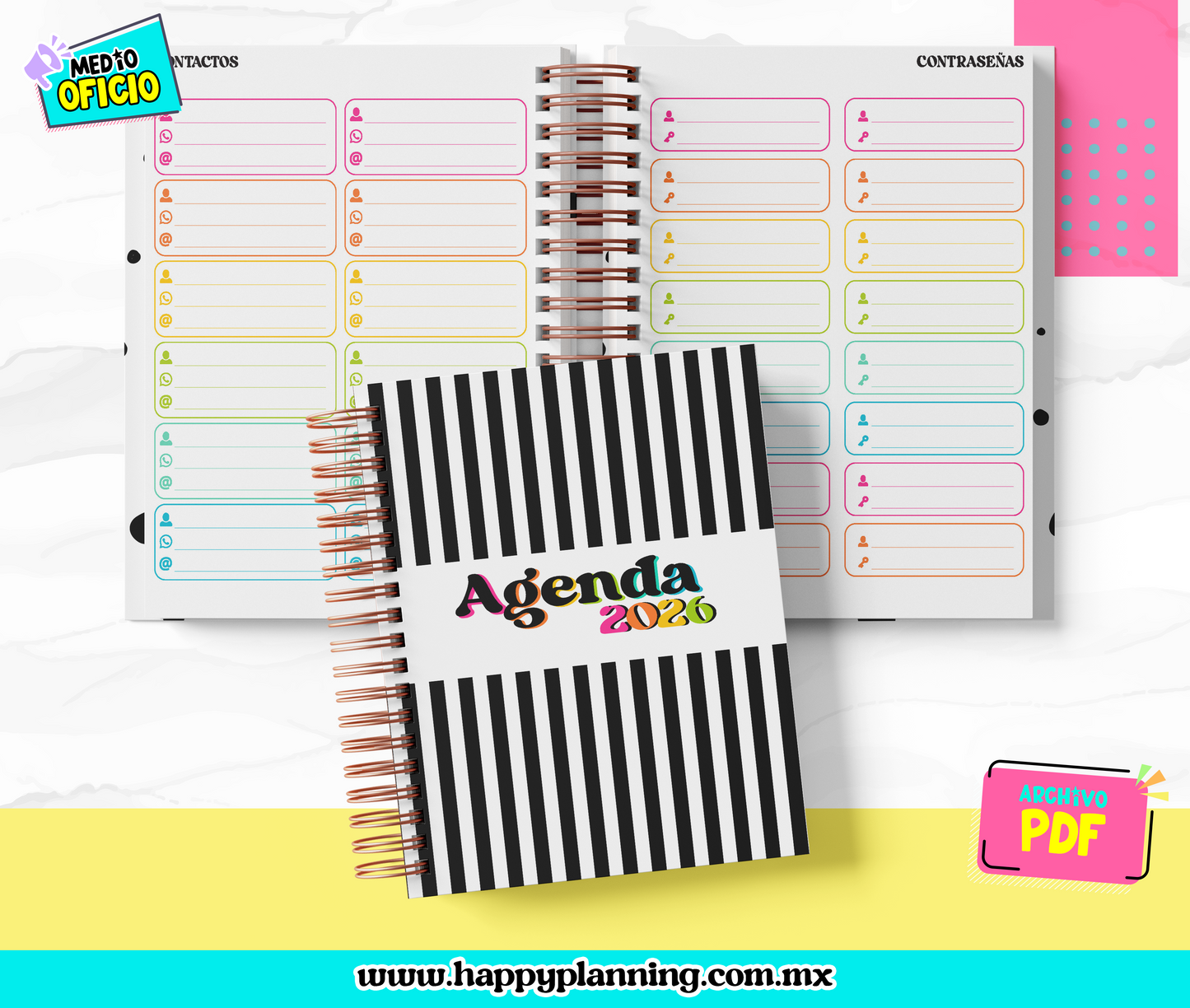 Agenda Diaria Minimalista 2026 Rainbow — PDF Imprimible (3 formatos) + 5 Portadas JPG