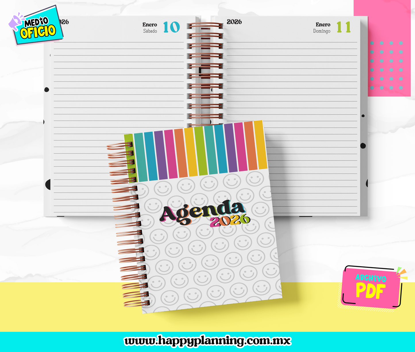 Agenda Diaria Minimalista 2026 Rainbow — PDF Imprimible (3 formatos) + 5 Portadas JPG