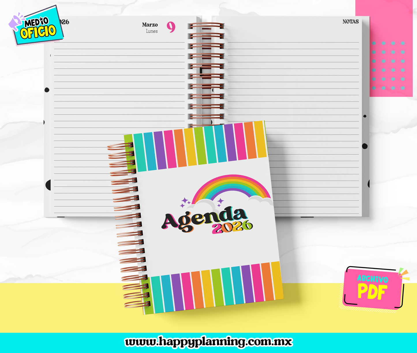 Agenda Diaria Minimalista 2026 Rainbow — PDF Imprimible (3 formatos) + 5 Portadas JPG