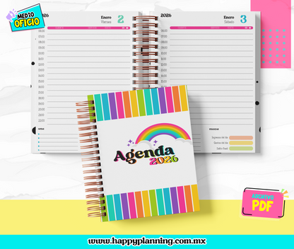 Agenda Diaria Minimalista 2026 Rainbow — PDF Imprimible (3 formatos) + 5 Portadas JPG