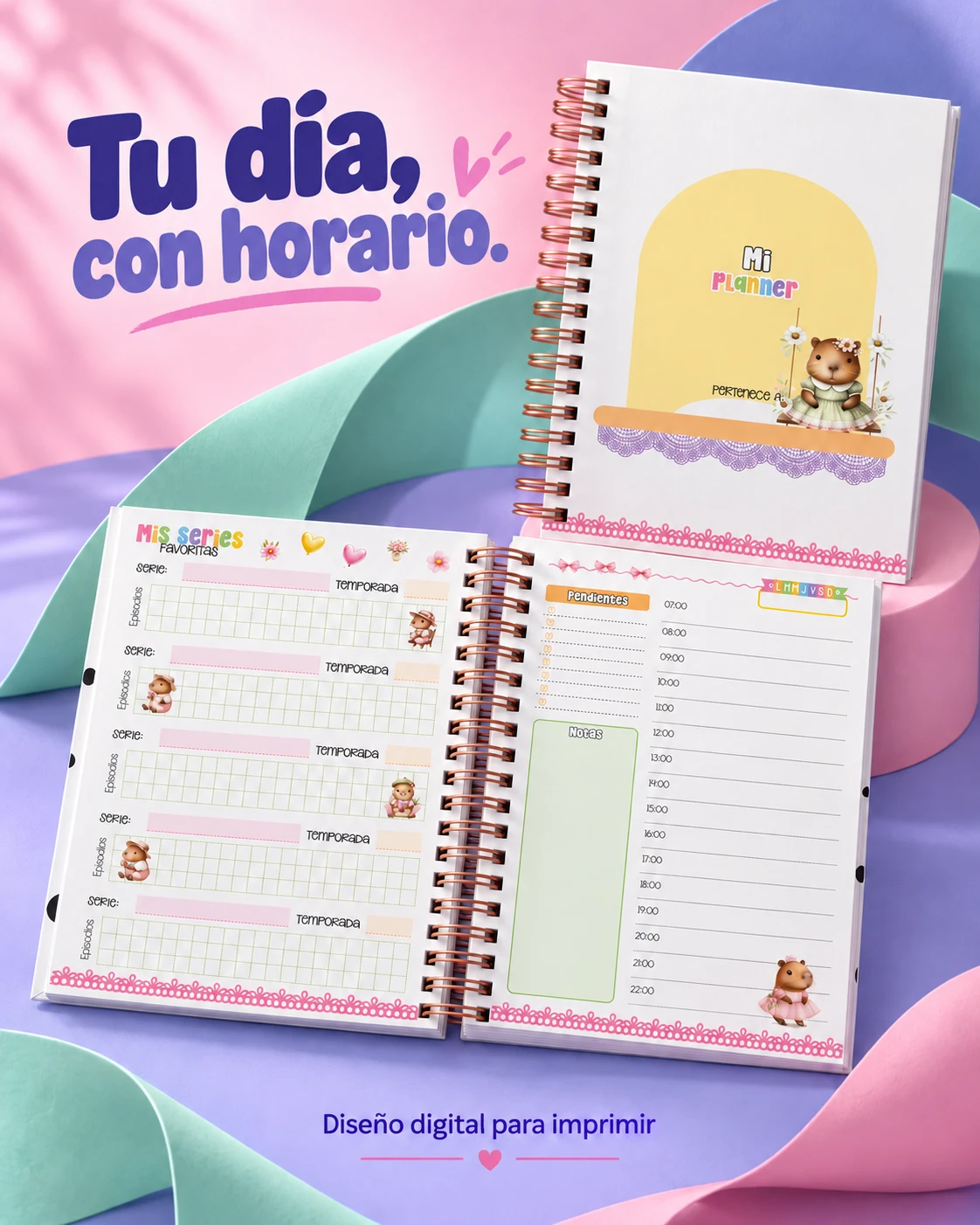 Planner diario Capibaras: portada e interior con horario de 07:00 a 22:00. Diseño digital para imprimir.