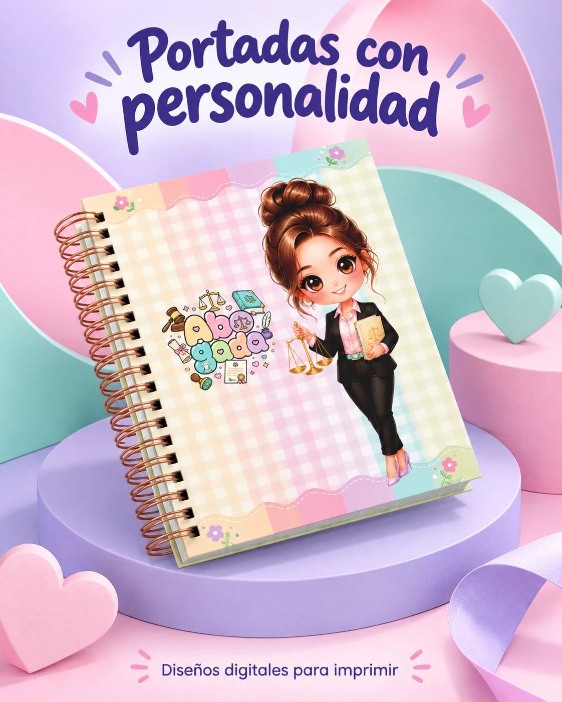 Diseño de portada Abogada Sweet Rainbow, presentado como agenda encuadernada. Archivo digital para imprimir.