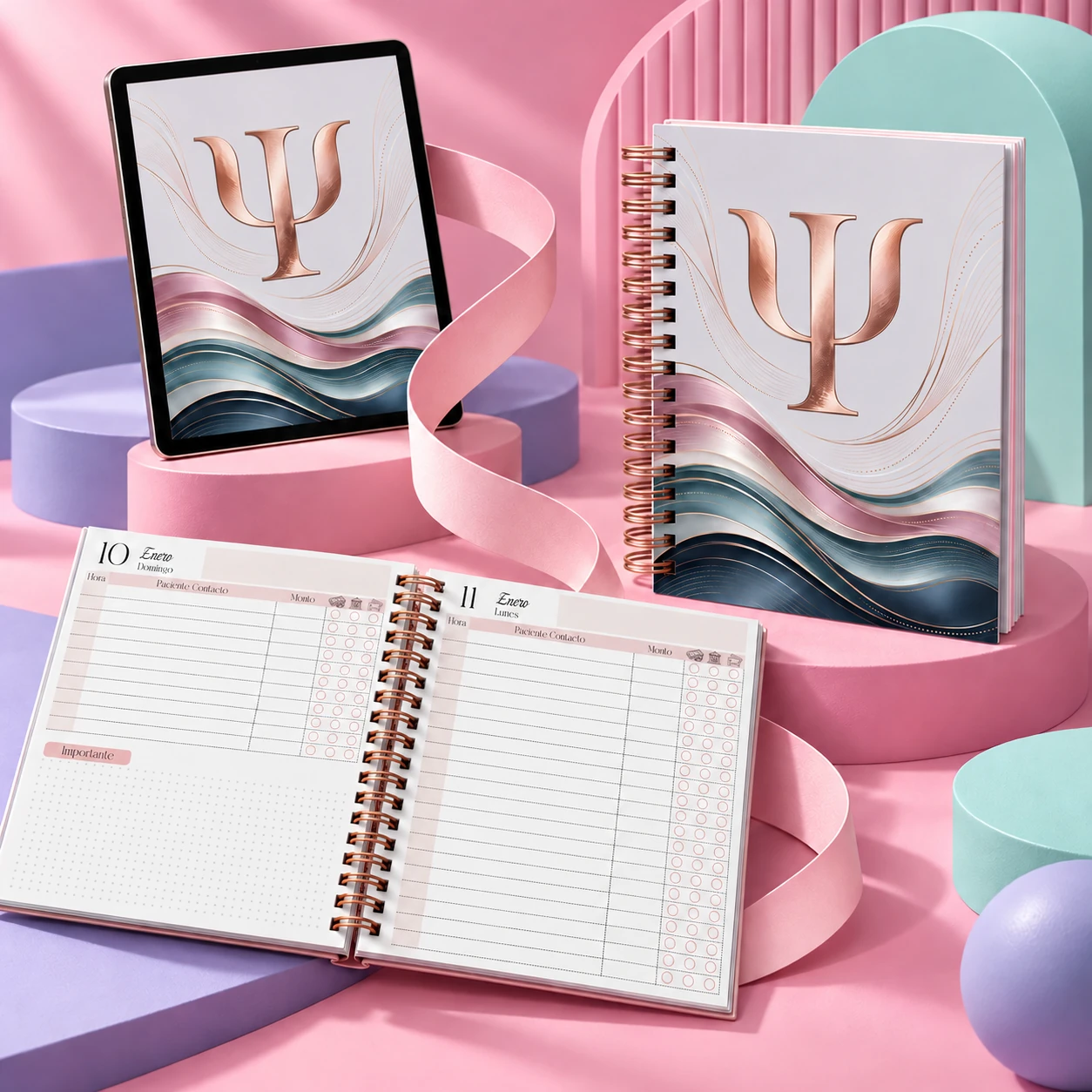 Diseño digital de Psicología en pantalla, portada e interior rosa de citas; ejemplo de elaboración de agenda.