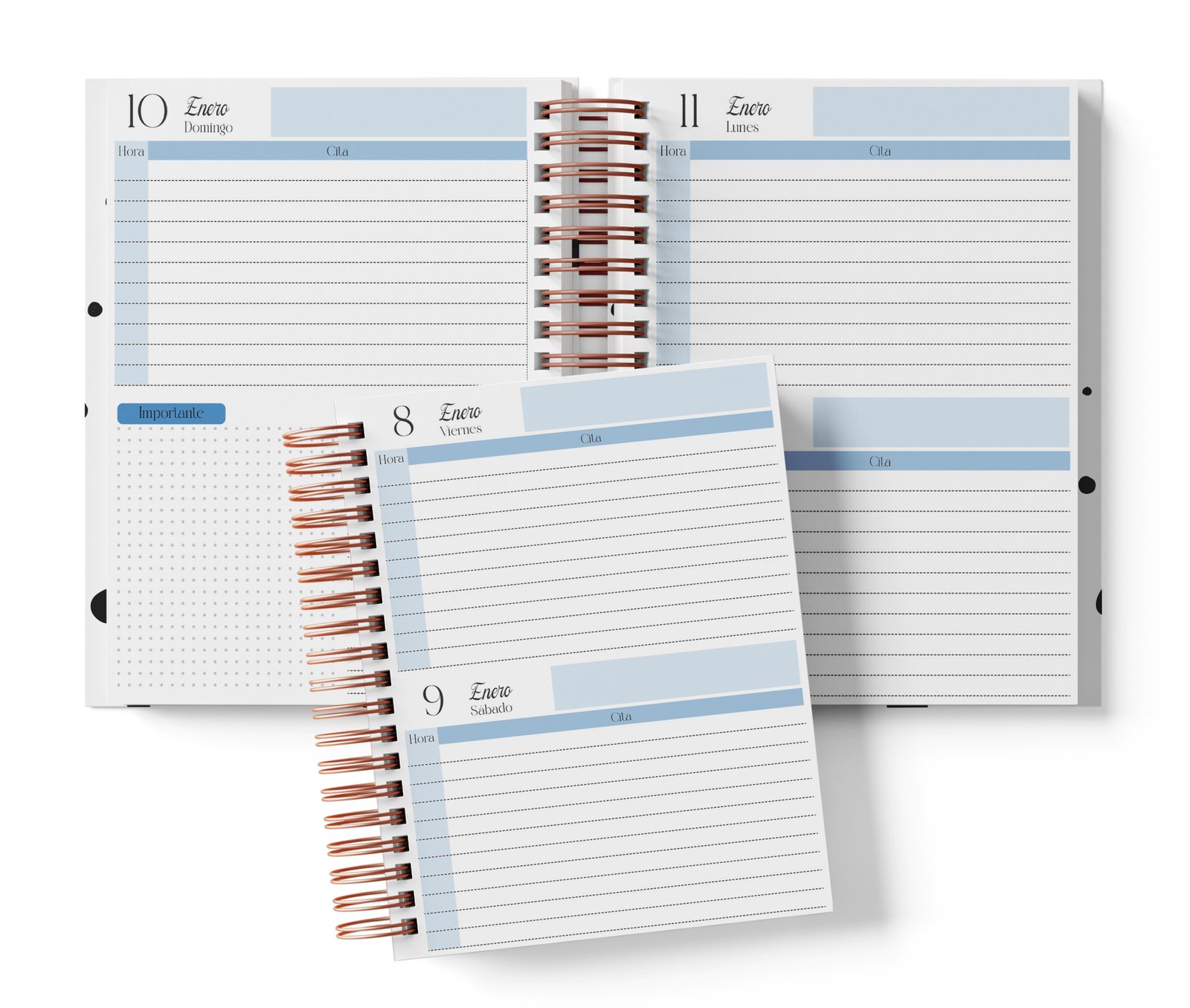 Abogados 2027: mockup del interior dos días por página, azul, sin horas impresas.