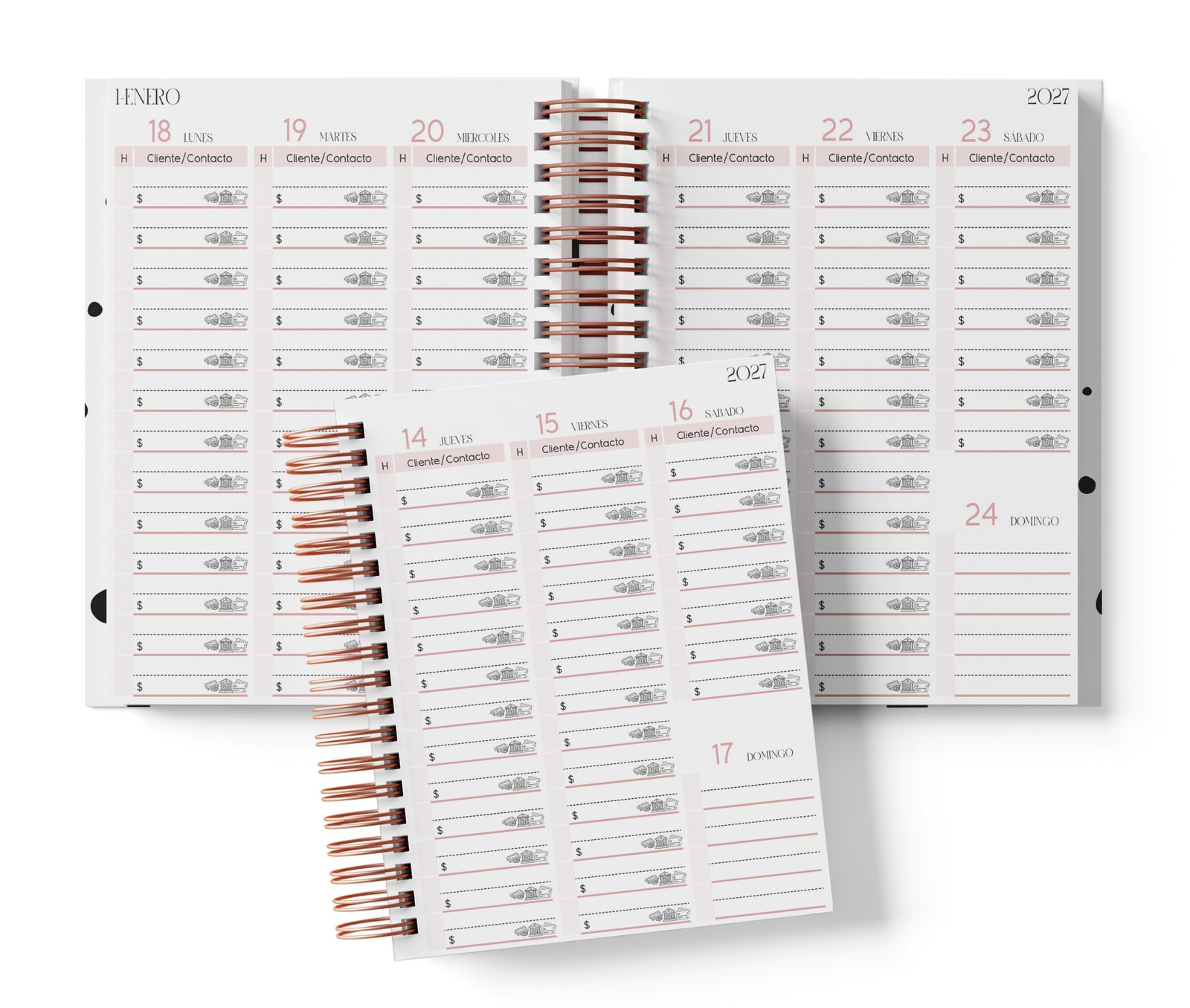 Abogados 2027: mockup del interior semanal rosa, con cliente, contacto e importe.