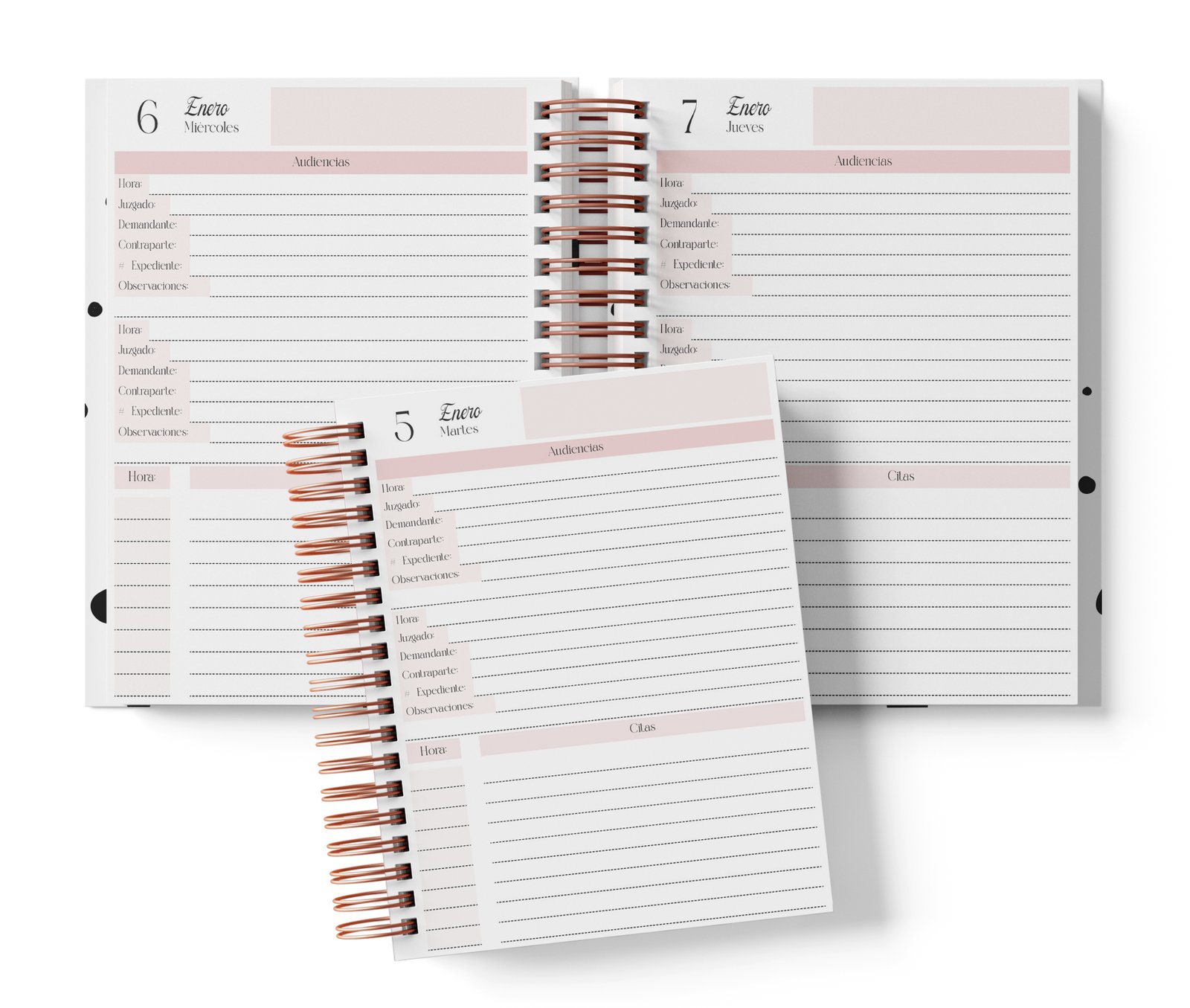 Abogados 2027: mockup del interior diario rosa, con audiencias, expediente y citas.