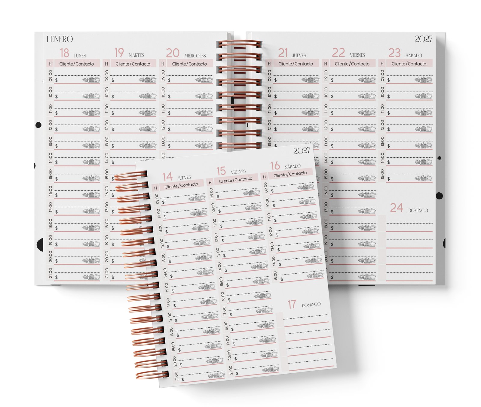 Abogados 2027: mockup del interior semanal rosa con horas impresas.
