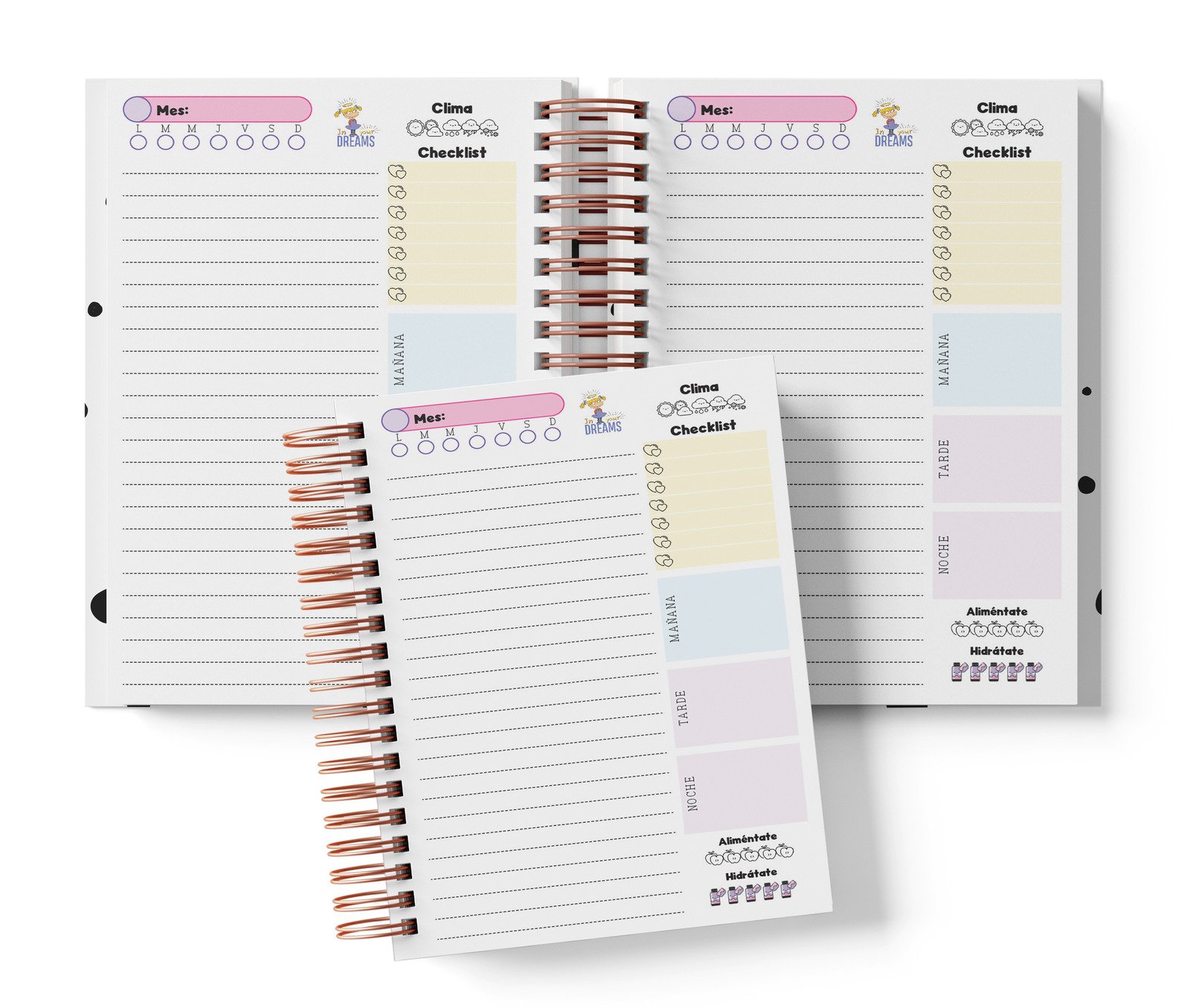 Planner diario Angelica Pickels con Mes y selector de día por completar, clima, Checklist, alimentación e hidratación.
