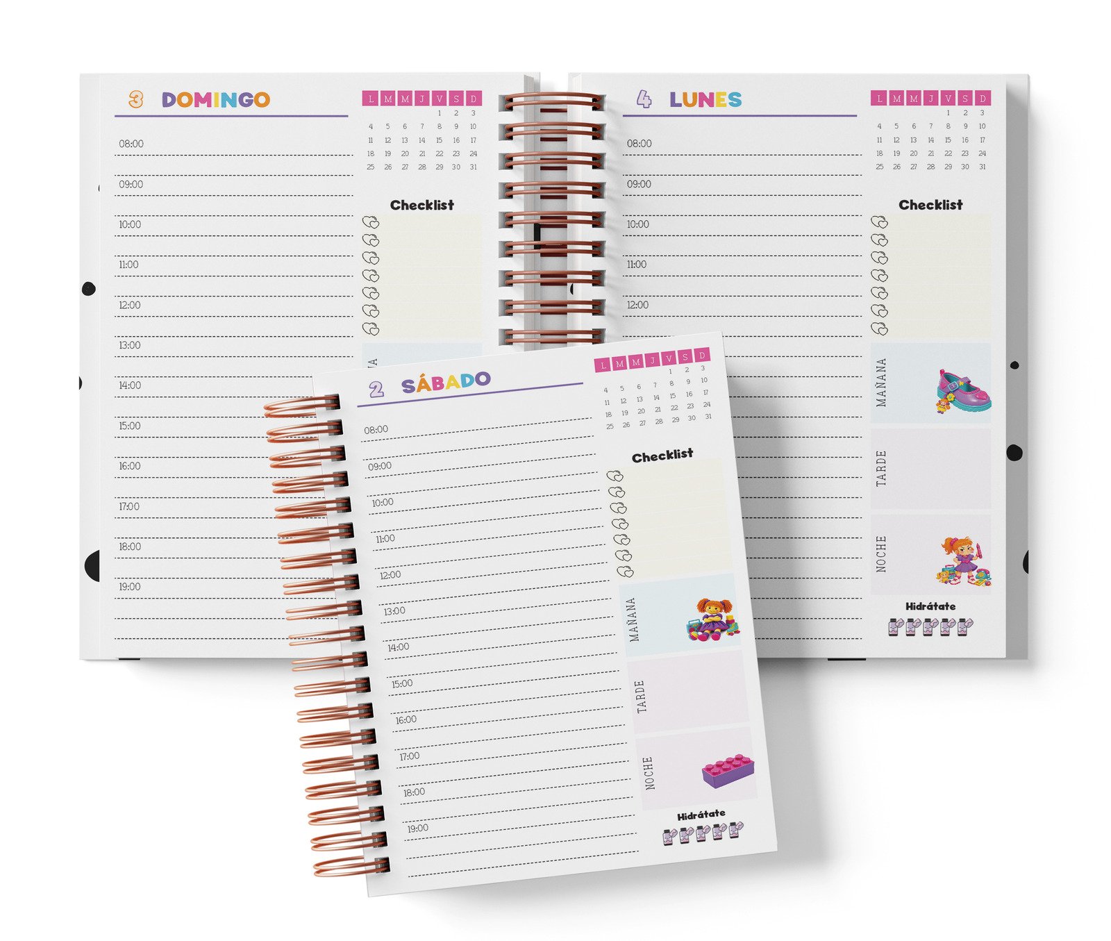 Diaria Angelica Pickels con horario de 08:00 a 19:00, Checklist y bloques de mañana, tarde y noche.