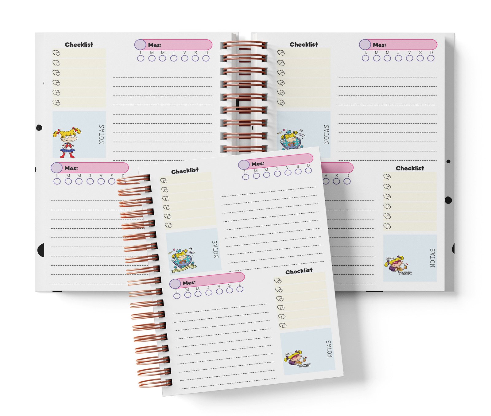 Planner Angelica Pickels con dos espacios por página, Mes y día por completar, Checklist y notas.