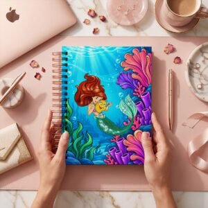Mockup de la portada Ariel 024: Ariel abraza a Flounder bajo el agua, con burbujas, algas y corales rosa y violeta.