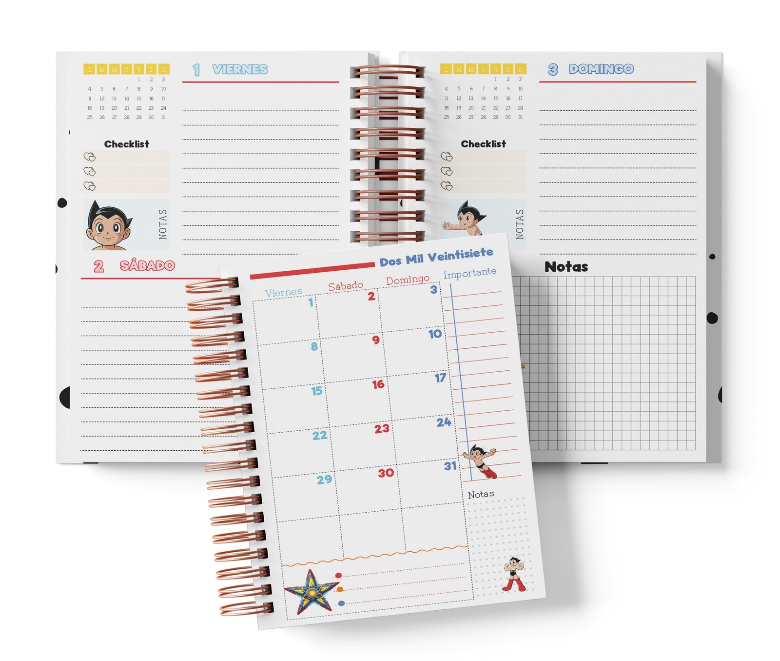 Mockup del interior Astroboy de dos días por página con fechas impresas, checklist, domingo con notas cuadriculadas y vista mensual superpuesta.