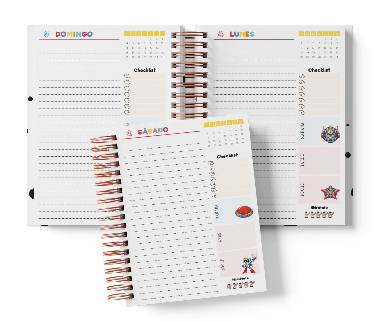 Mockup de la diaria Astroboy con fecha impresa, renglones sin horas, checklist y partes del día.