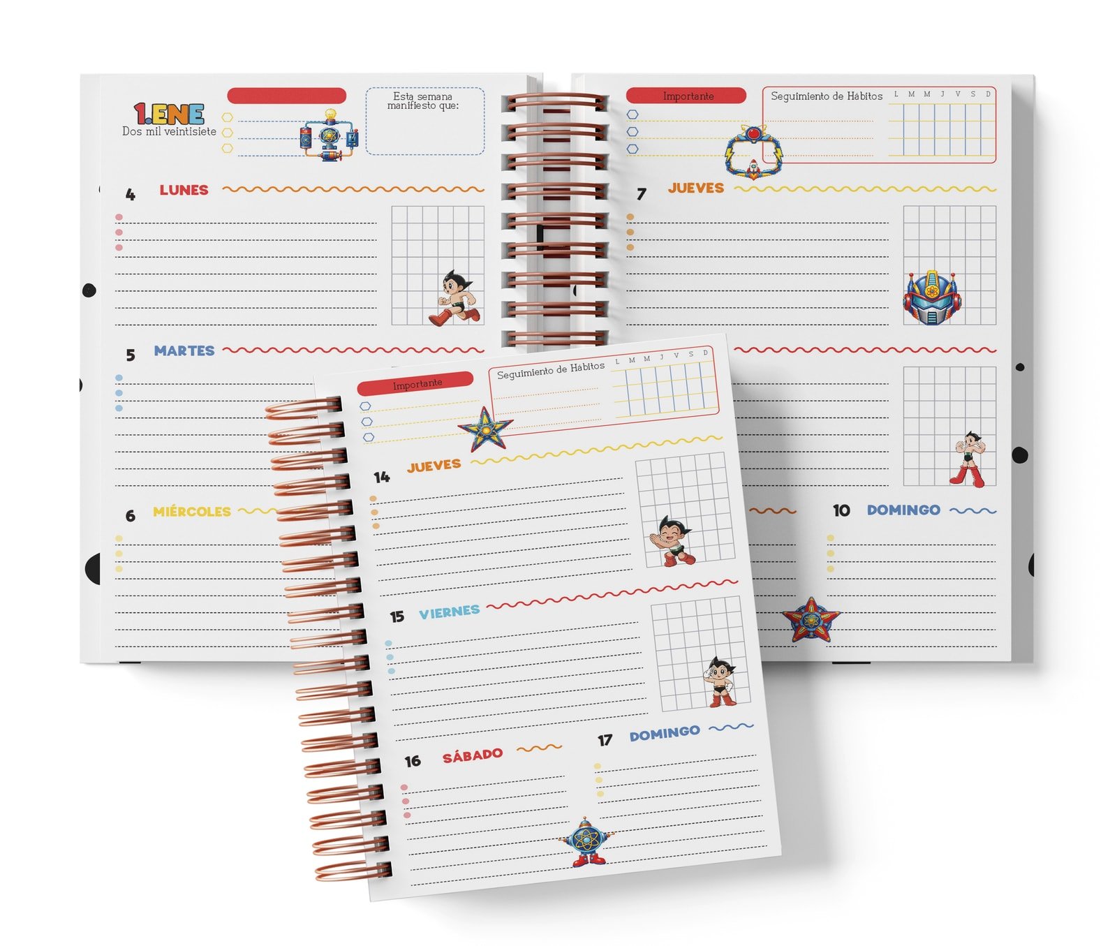 Mockup del semanal Astroboy con días repartidos entre dos páginas, campos de Importante y hábitos; otra página semanal aparece superpuesta.