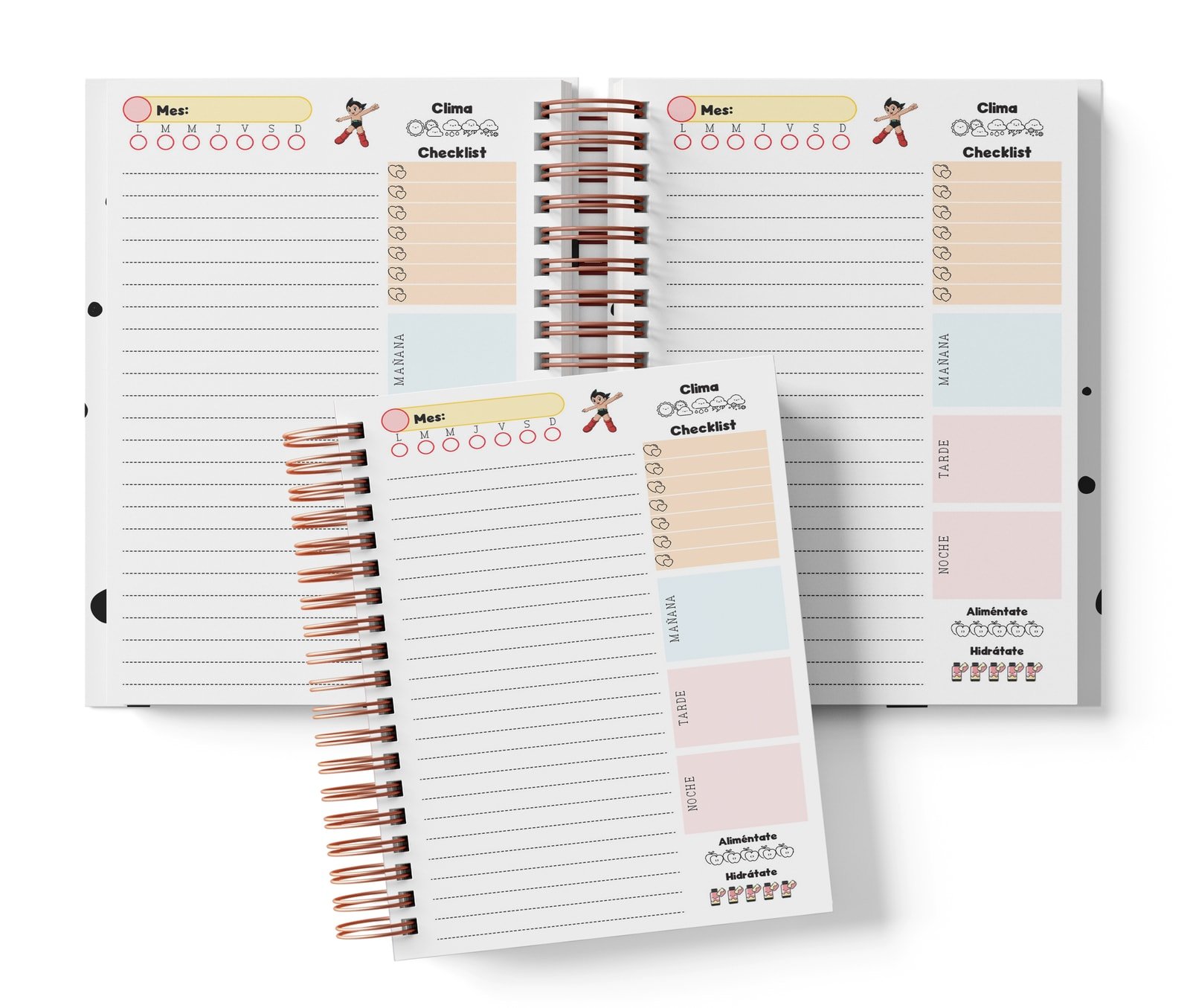 Mockup del planner diario Astroboy: un espacio de día por página, mes y selección del día de semana, clima, checklist y renglones.