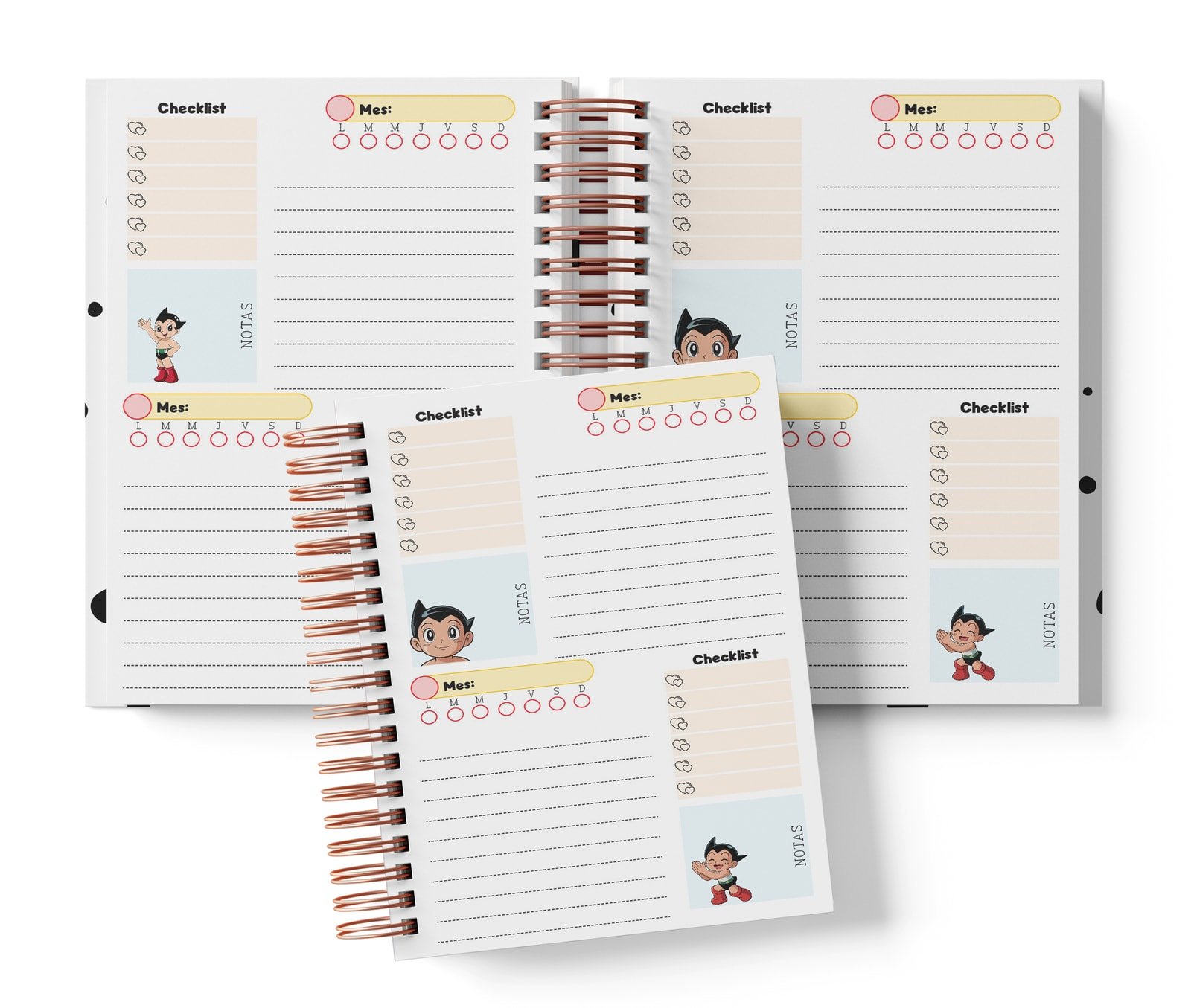Mockup del planner 2DPP Astroboy con dos espacios de día por página; cada bloque tiene mes, selección de día, renglones, checklist y notas.