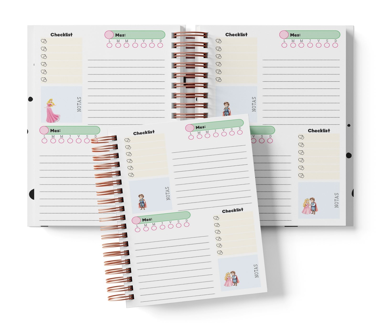 Mockup del planner 2DPP Aurora con dos espacios de día por página; cada bloque tiene Mes, selector del día de semana, renglones, checklist y notas.