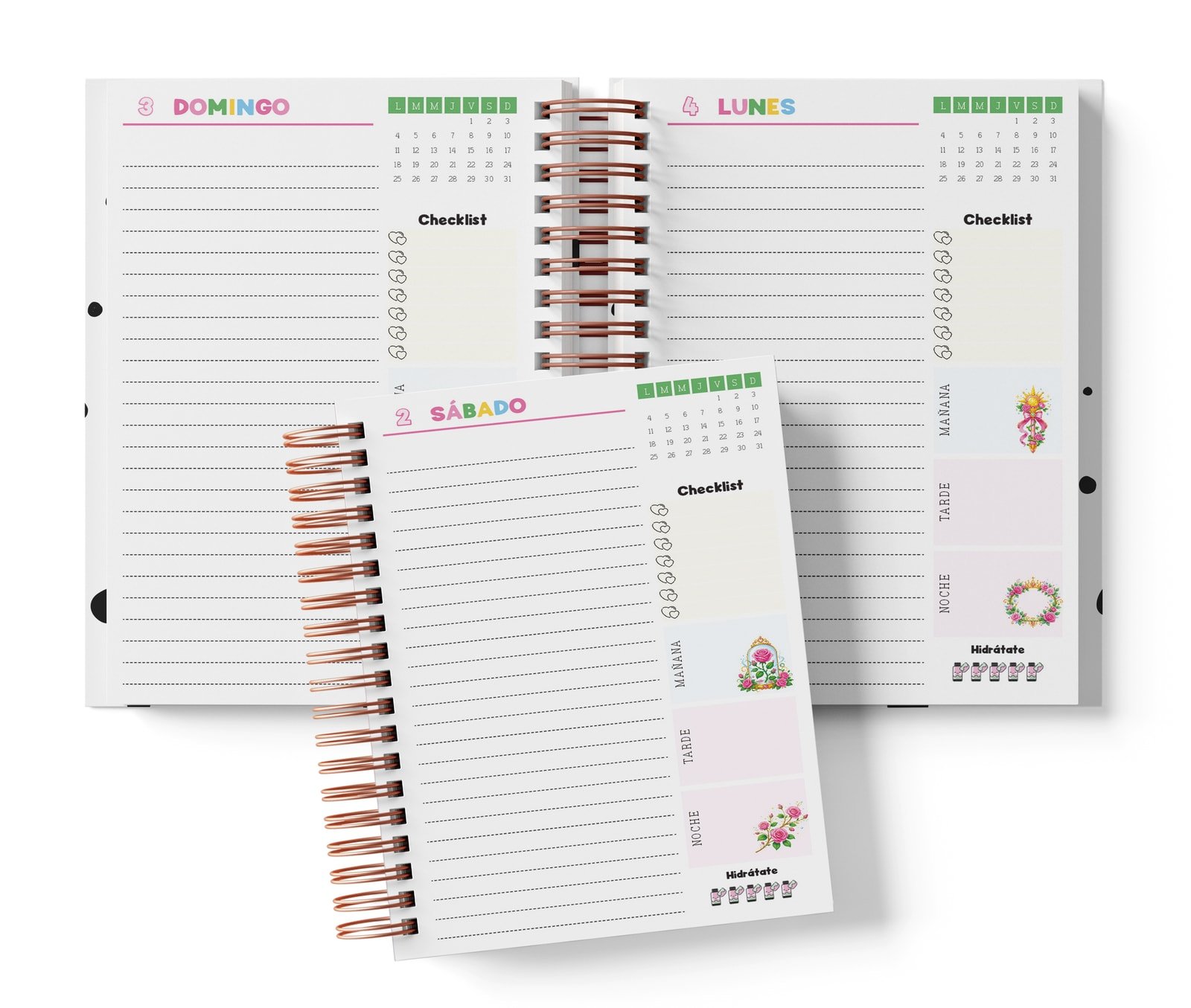Mockup de la diaria Aurora con fecha impresa y renglones sin horas, checklist y partes del día.