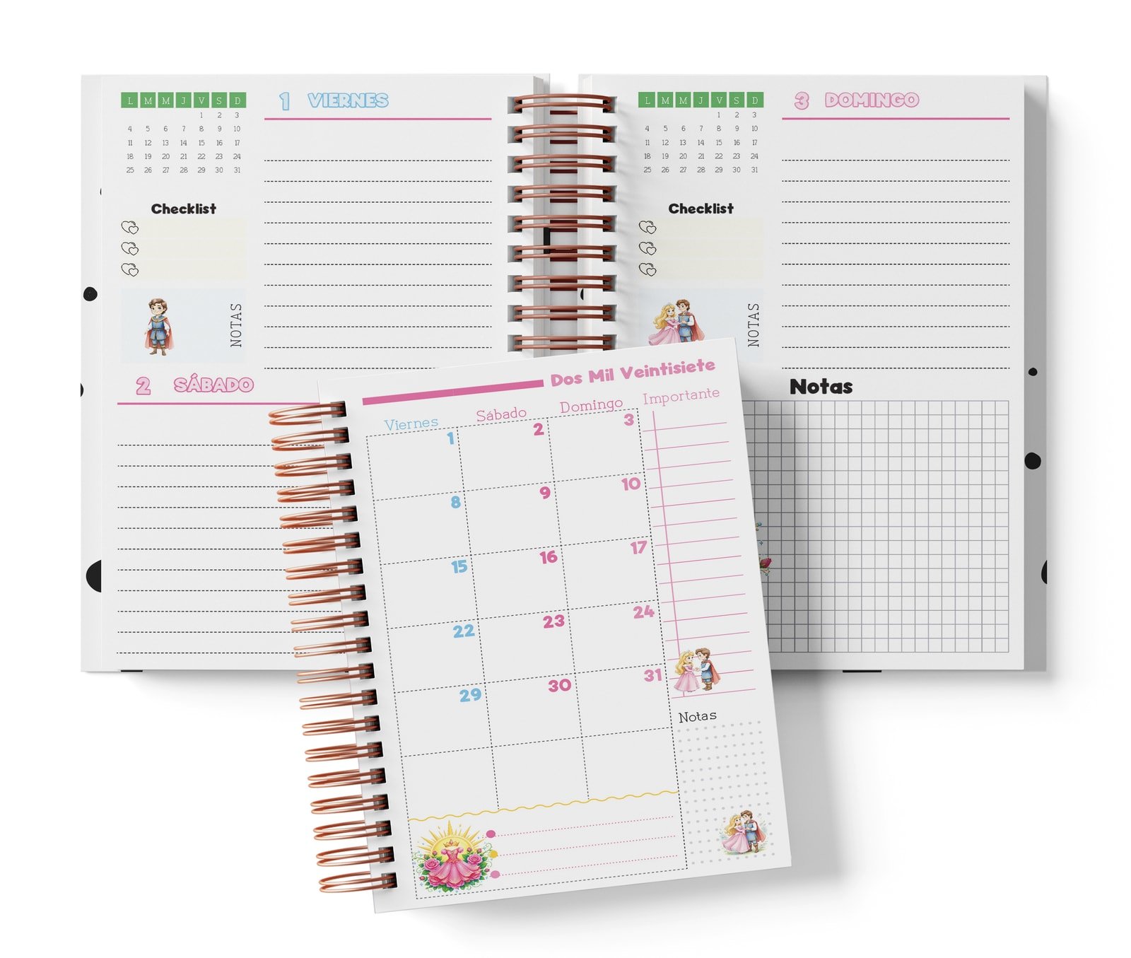 Mockup del interior Aurora de dos días por página: bloques con fechas impresas, checklist, domingo con notas cuadriculadas y vista mensual superpuesta.
