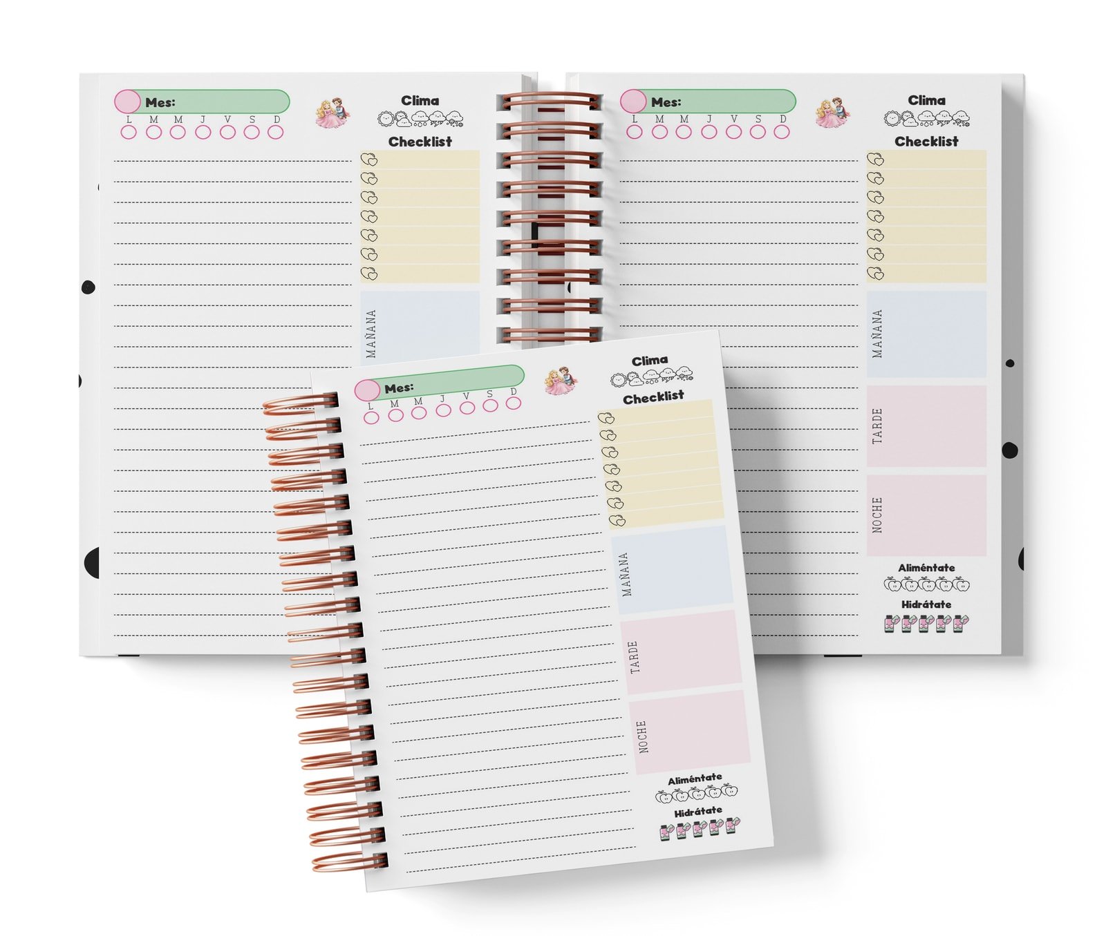 Mockup del planner diario Aurora con un espacio de día por página, campo Mes, selector de día, clima, checklist y renglones.
