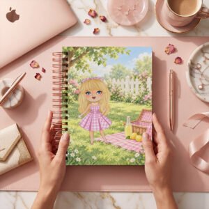 Portada Barbie 006 incluida: personaje con vestido rosa de cuadros en un jardín con picnic. Mockup de agenda; producto físico y utilería no incluidos.