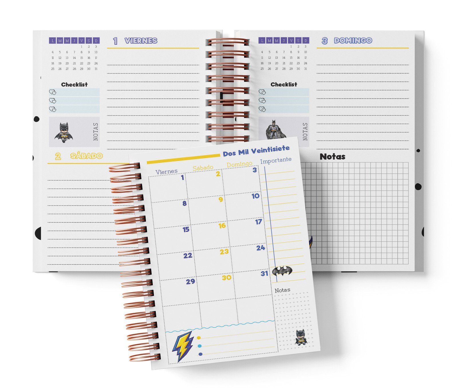 Interior Batman de dos días fechado: viernes y sábado, domingo con notas y muestra mensual.