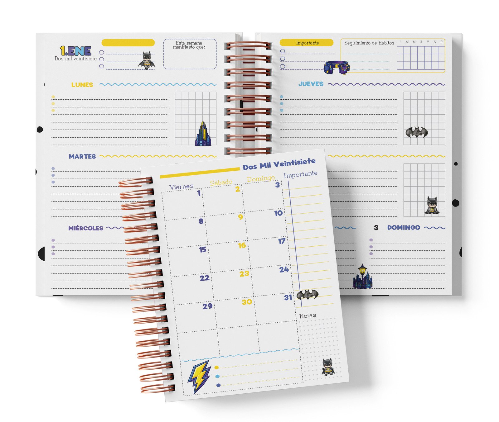 Interior semanal Batman con Importante, Seguimiento de Hábitos y muestra mensual.
