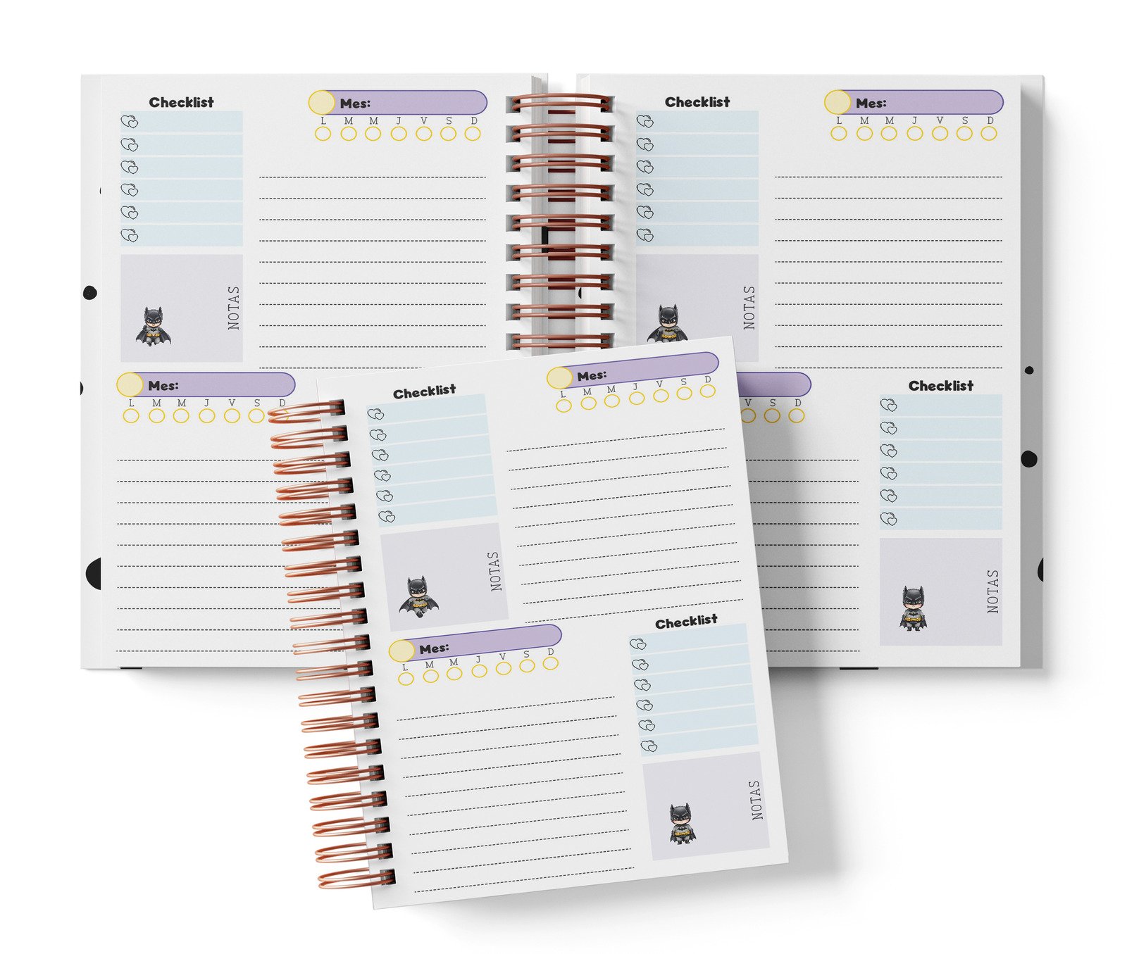 Planner Batman de dos espacios por página, con Mes y día por completar, Checklist y notas.