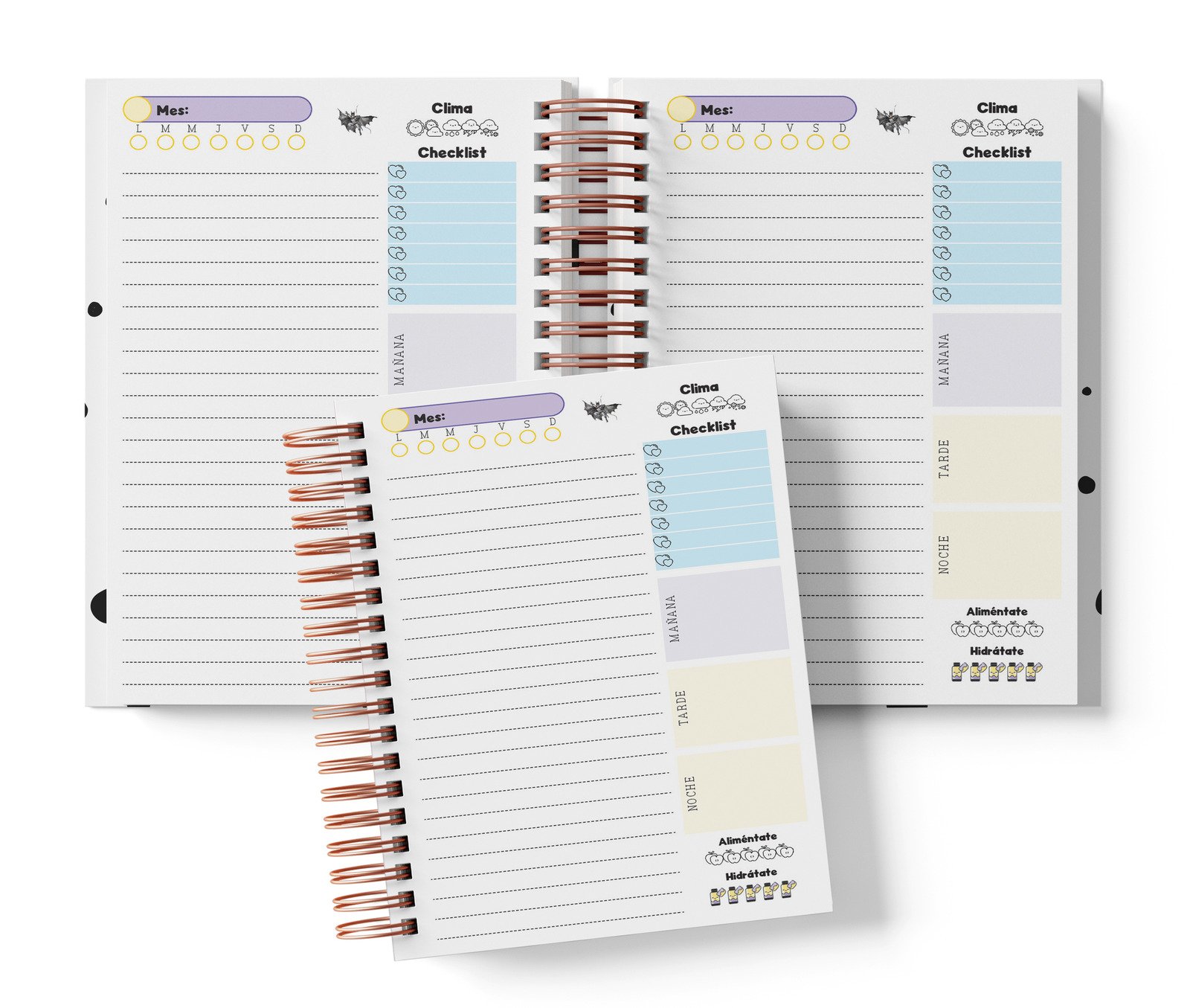 Planner diario Batman con Mes y selector de día por completar, clima, Checklist, alimentación e hidratación.