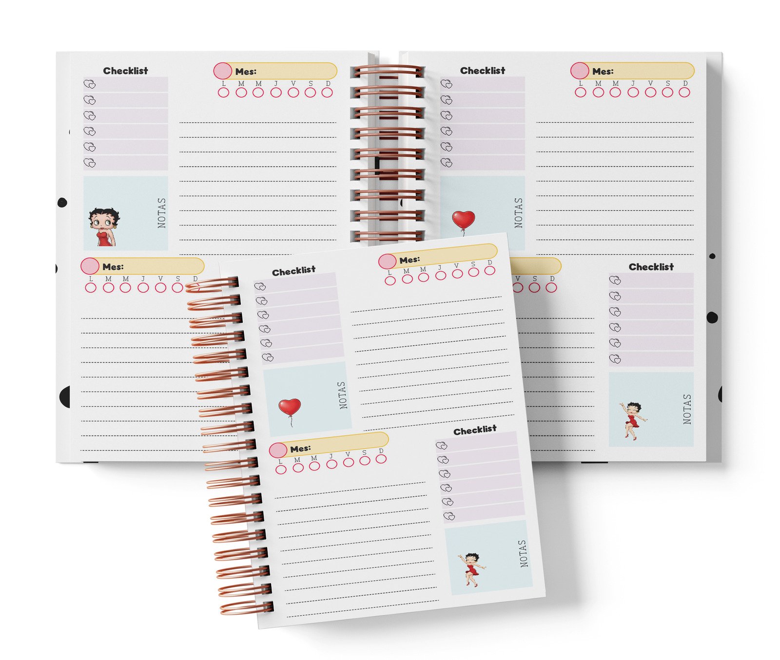 Planner Betty Boop de dos espacios por página, con Mes y día por completar, Checklist y notas.