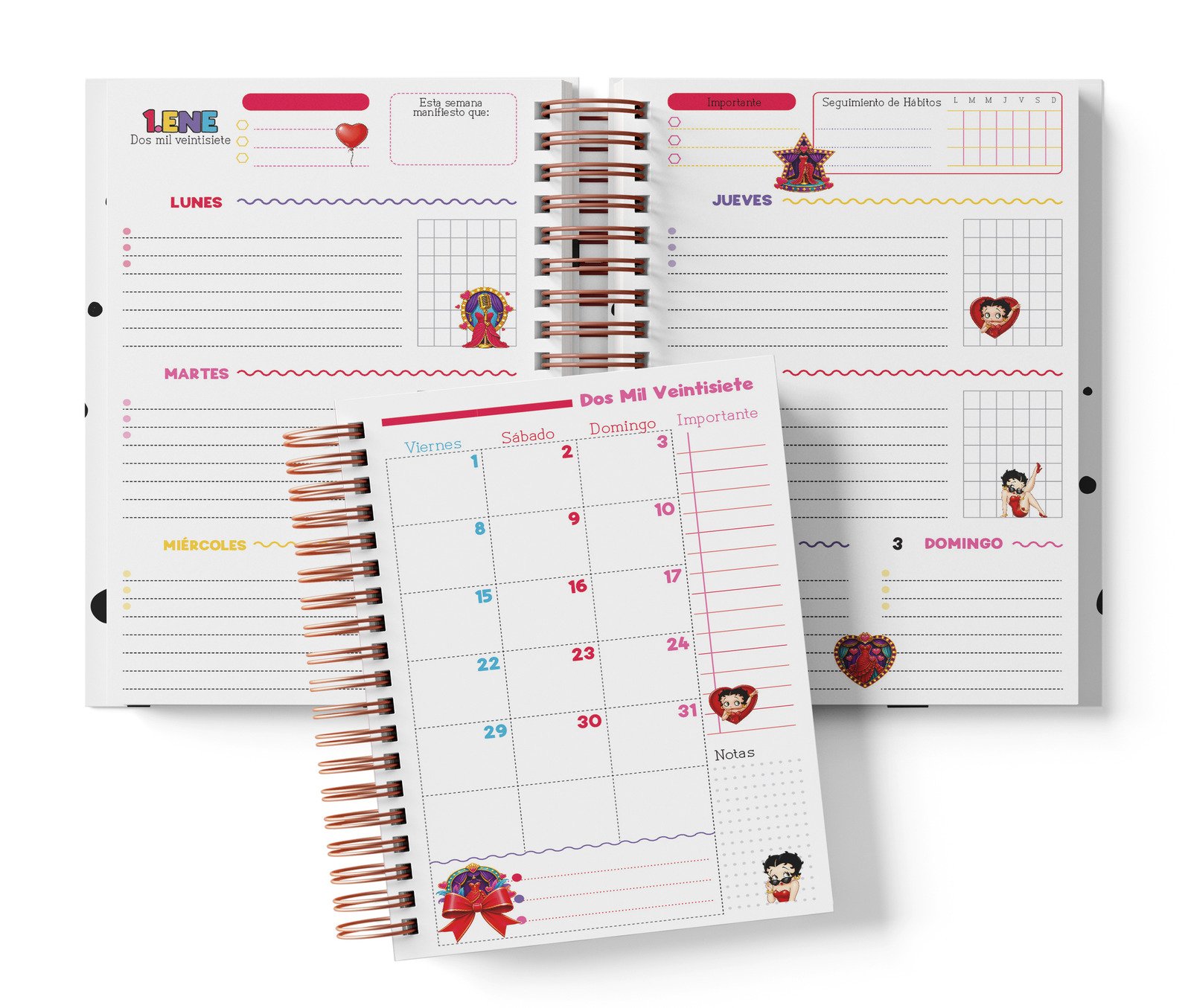 Interior semanal Betty Boop con planificación por días, Seguimiento de Hábitos y muestra mensual.