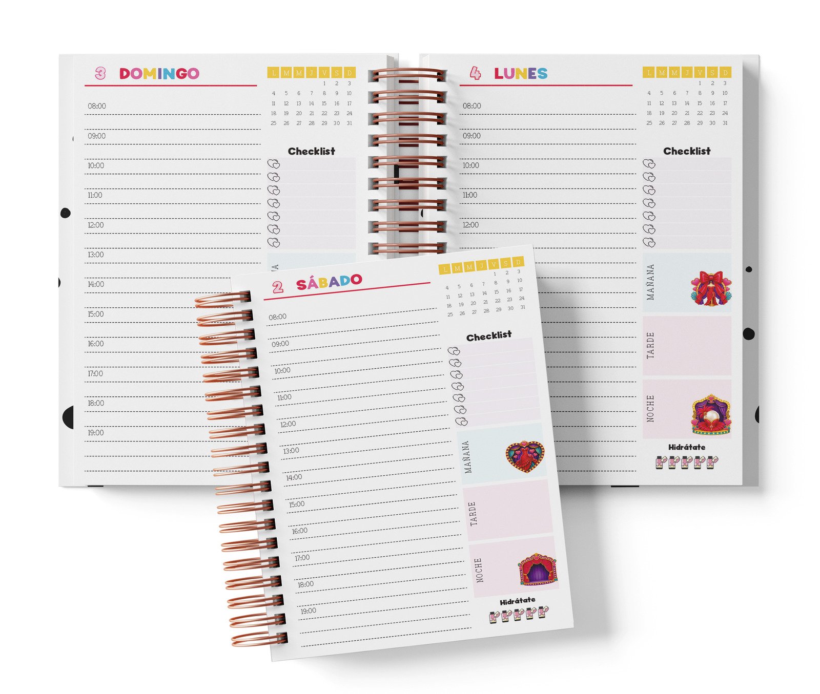 Diaria Betty Boop con horario de 08:00 a 19:00, Checklist y bloques de mañana, tarde y noche.