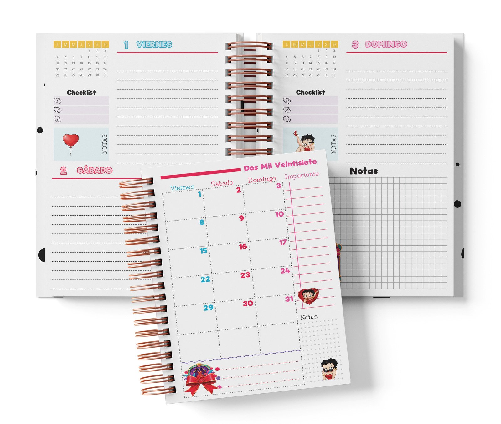Interior Betty Boop de dos días fechado: viernes y sábado, domingo con notas y muestra mensual.