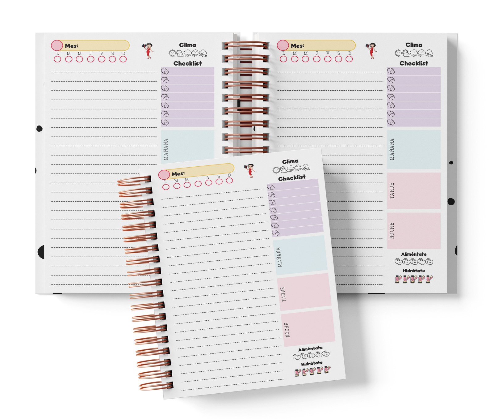 Planner diario Betty Boop con Mes y selector de día por completar, clima, Checklist, alimentación e hidratación.