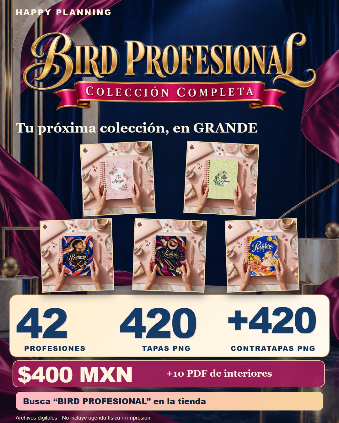 BIRD Profesional: colección digital completa de agendas2027,42 profesiones,420 tapas y420 contratapas PNG,10 interiores PDF; precio400MXN. No incluye agenda física ni impresión.