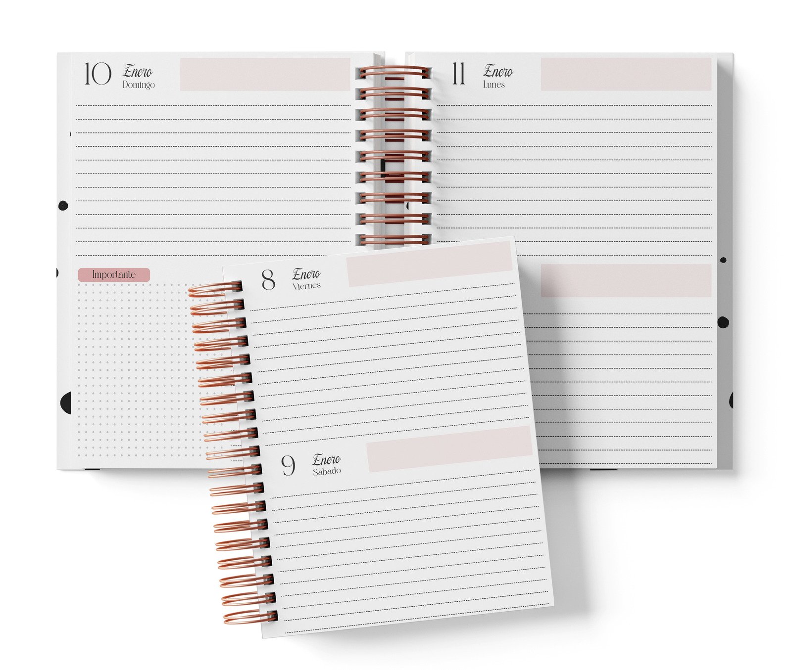 Mockup original BIRD2027: Dos días por página, color rosa; vista de dos días por página.