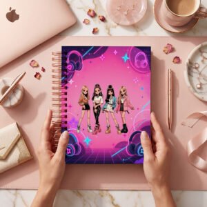 Mockup de portada BLACKPINK 024 con cuatro figuras ilustradas, audífonos y fondo rosa; archivos digitales.