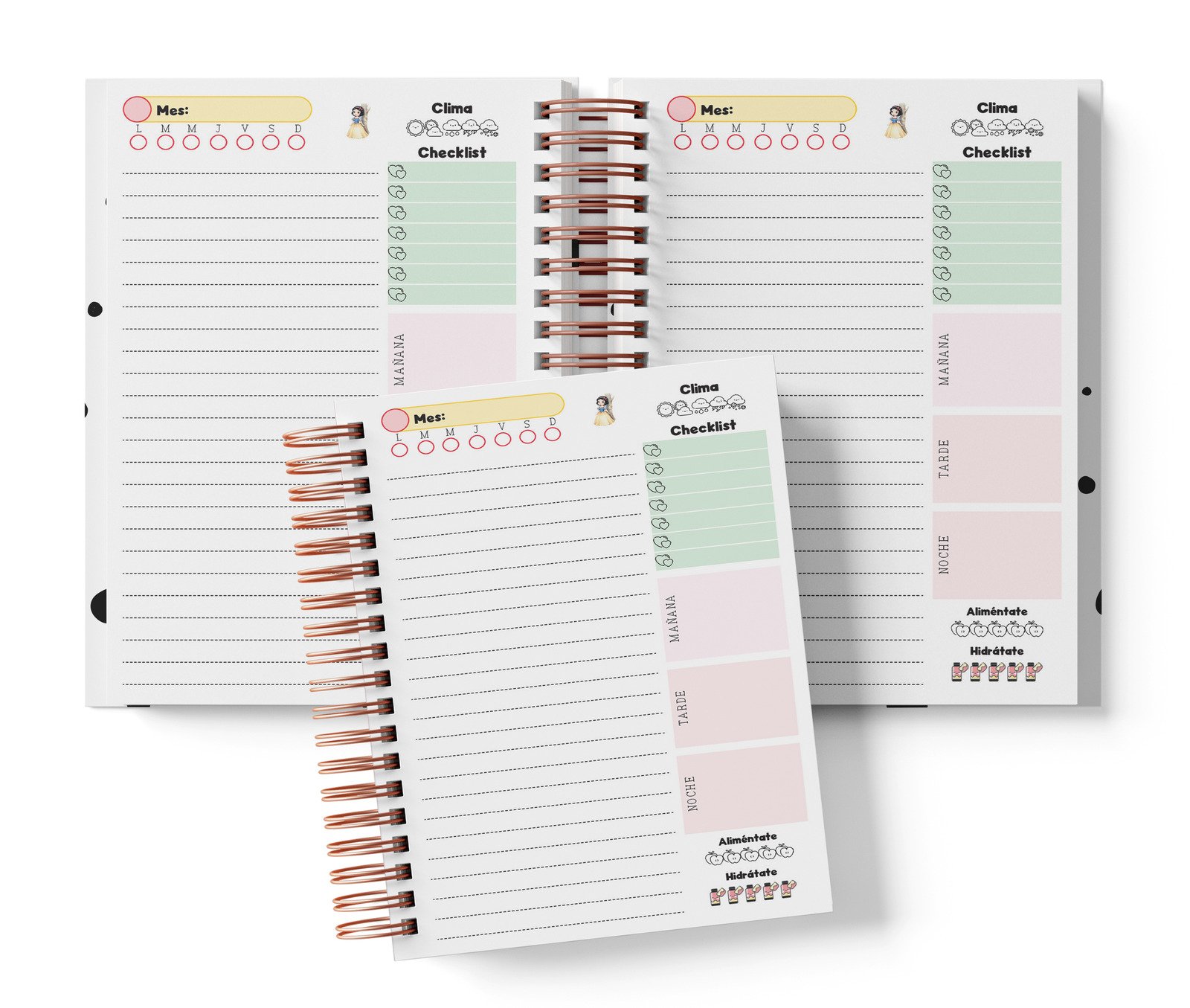 Planner diario Blanca Nieves con Mes y selector de día por completar, clima, Checklist, alimentación e hidratación.