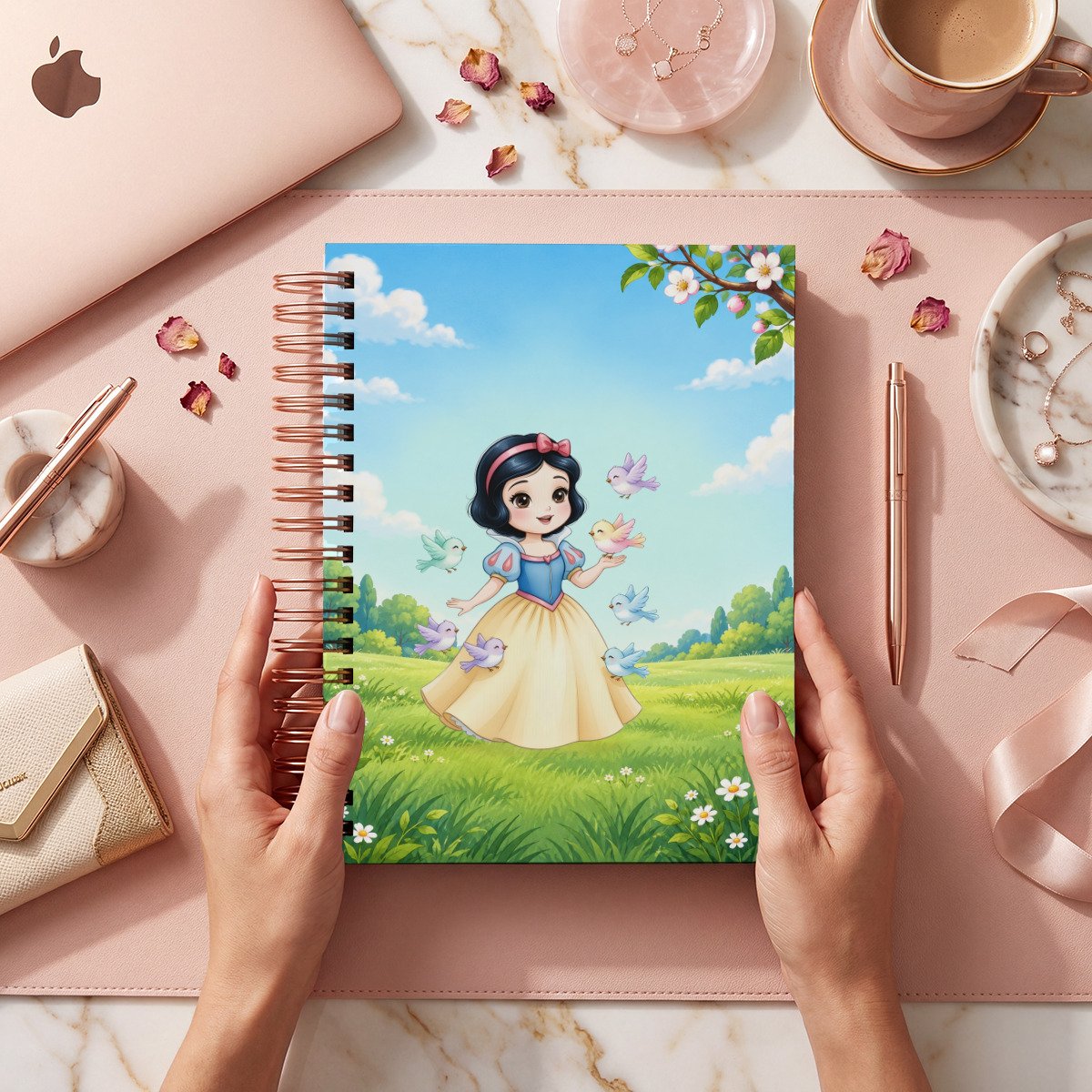 Mockup de portada Blanca Nieves 008 en un prado con aves y cielo azul; archivos digitales.