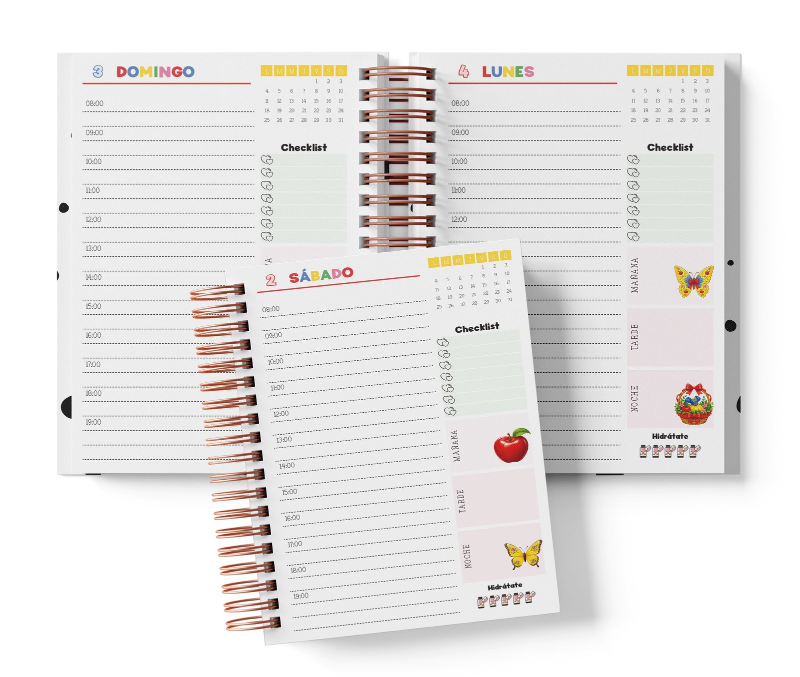 Diaria Blanca Nieves con horario de 08:00 a 19:00, Checklist y bloques de mañana, tarde y noche.
