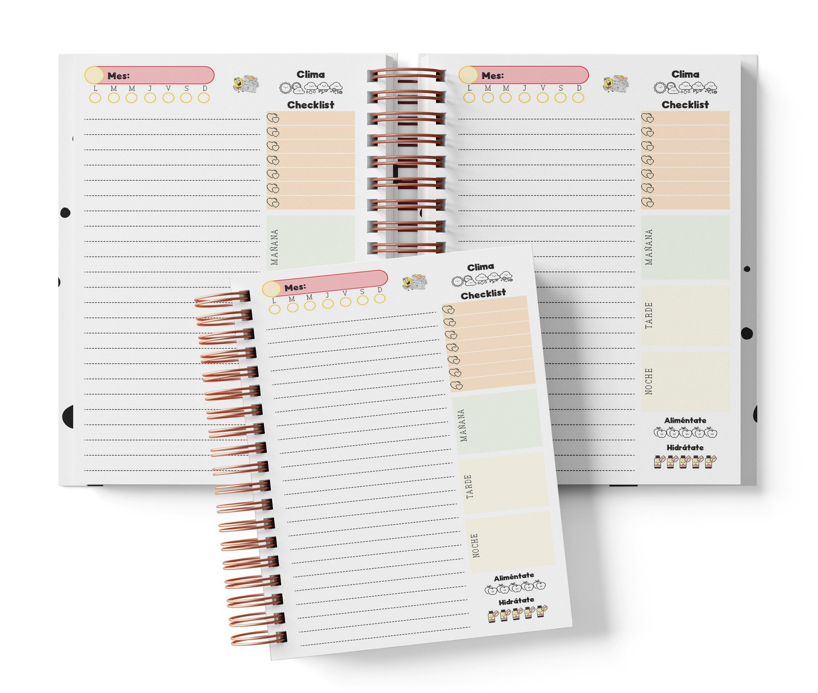 Planner diario Bob Esponja con Mes y selector de día por completar, clima, Checklist, alimentación e hidratación.
