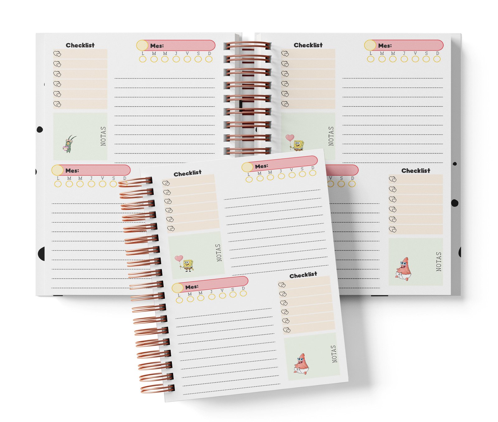 Planner Bob Esponja con dos espacios por página, Mes y día por completar, Checklist y notas.