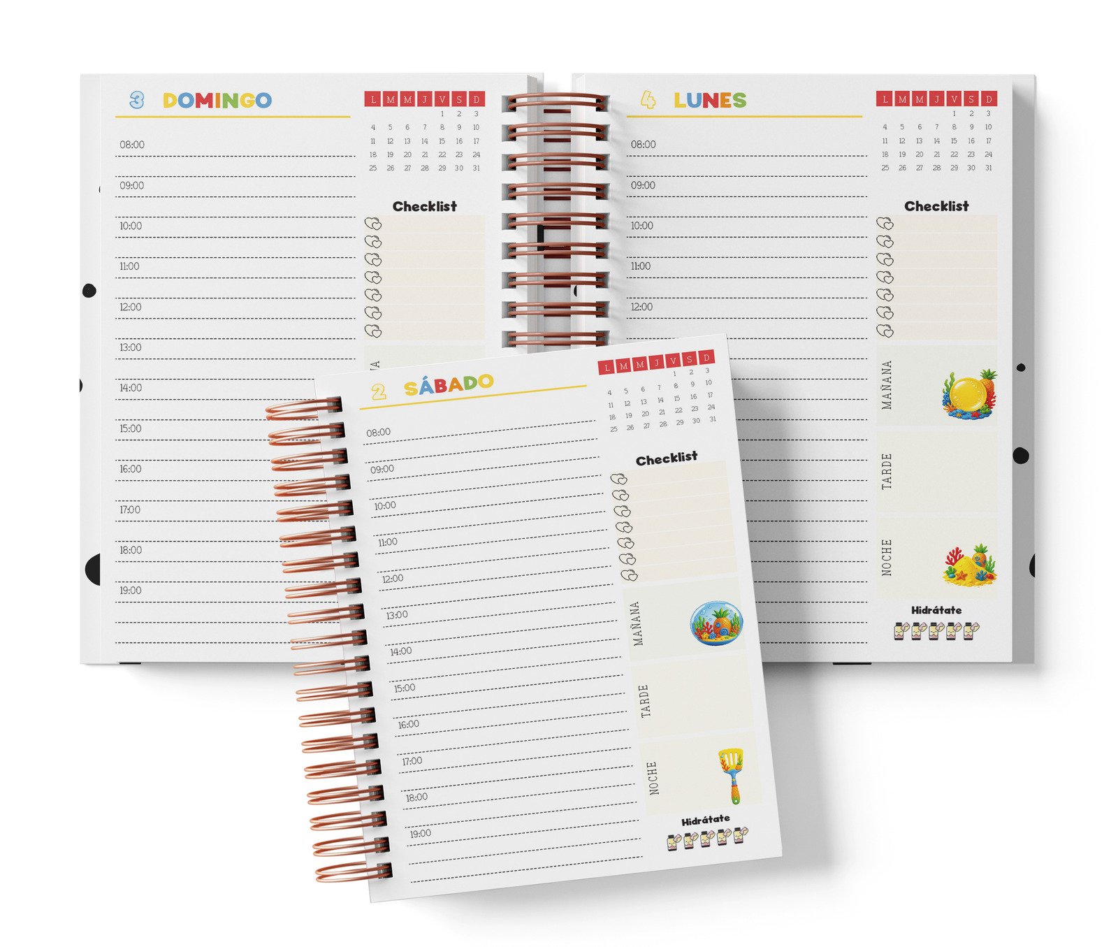 Diaria Bob Esponja con horario de 08:00 a 19:00, Checklist y bloques de mañana, tarde y noche.