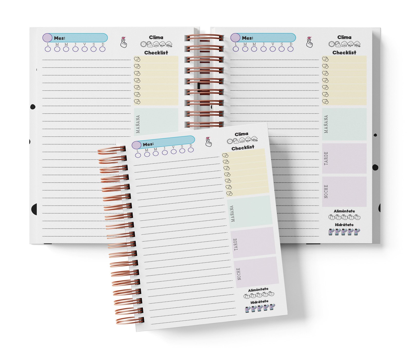 Planner diario BTS con Mes y selector de día por completar, clima, Checklist, alimentación e hidratación.