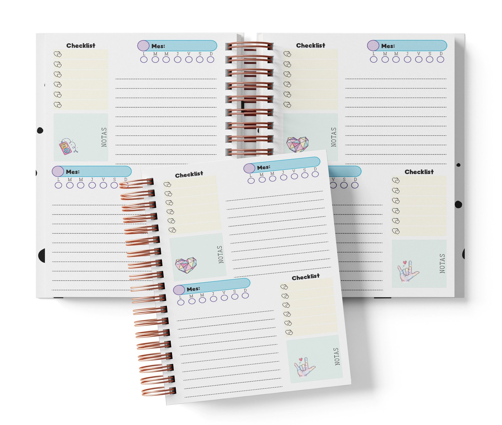 Planner BTS con dos espacios por página, Mes y día por completar, Checklist y notas.