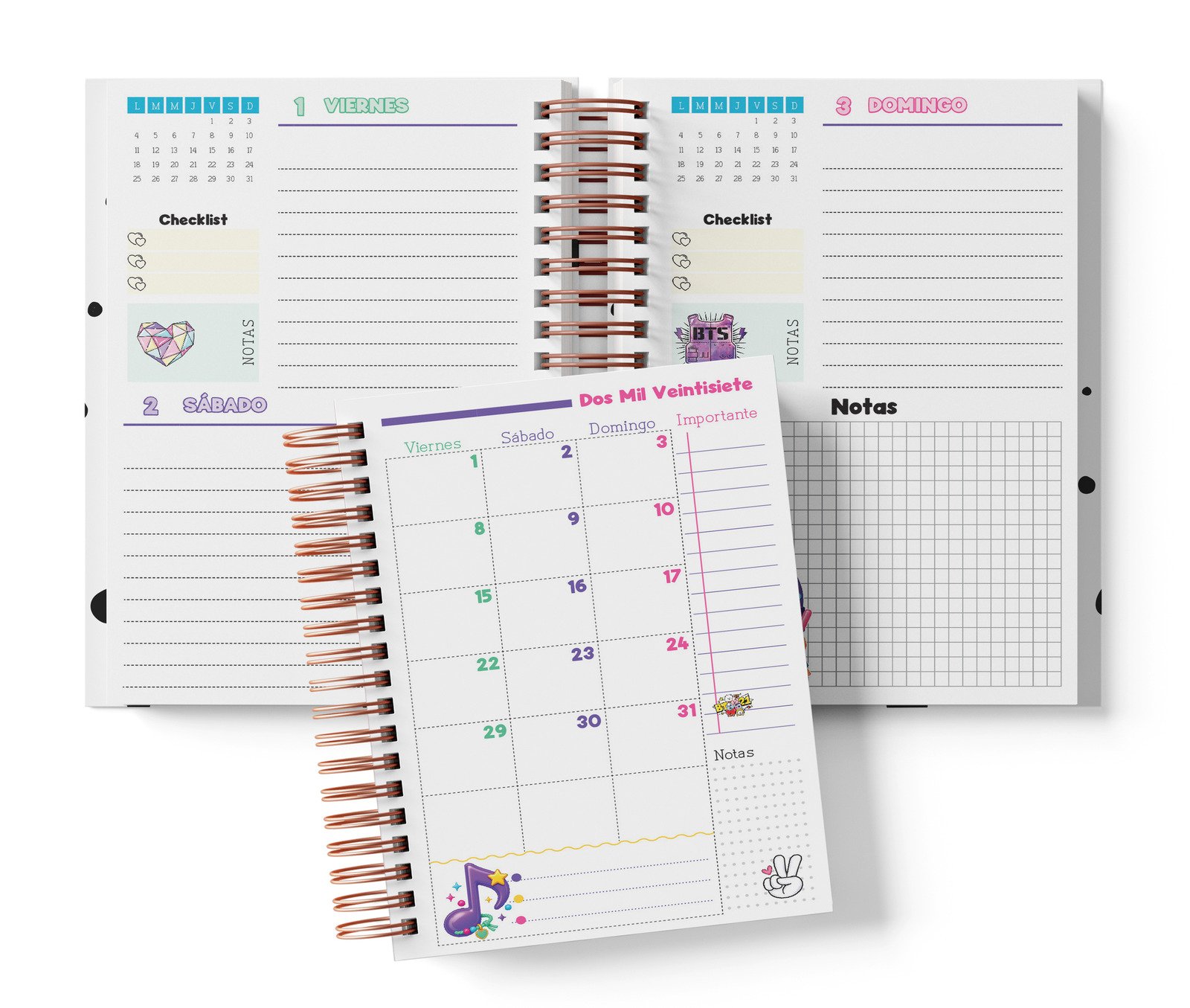 Interior BTS de dos días fechado: viernes y sábado, domingo con notas y muestra mensual.